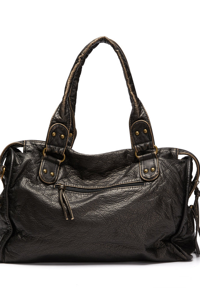 Victoria Lumina black PU leather handbag with multiple pockets, stylish and spacious for everyday use.