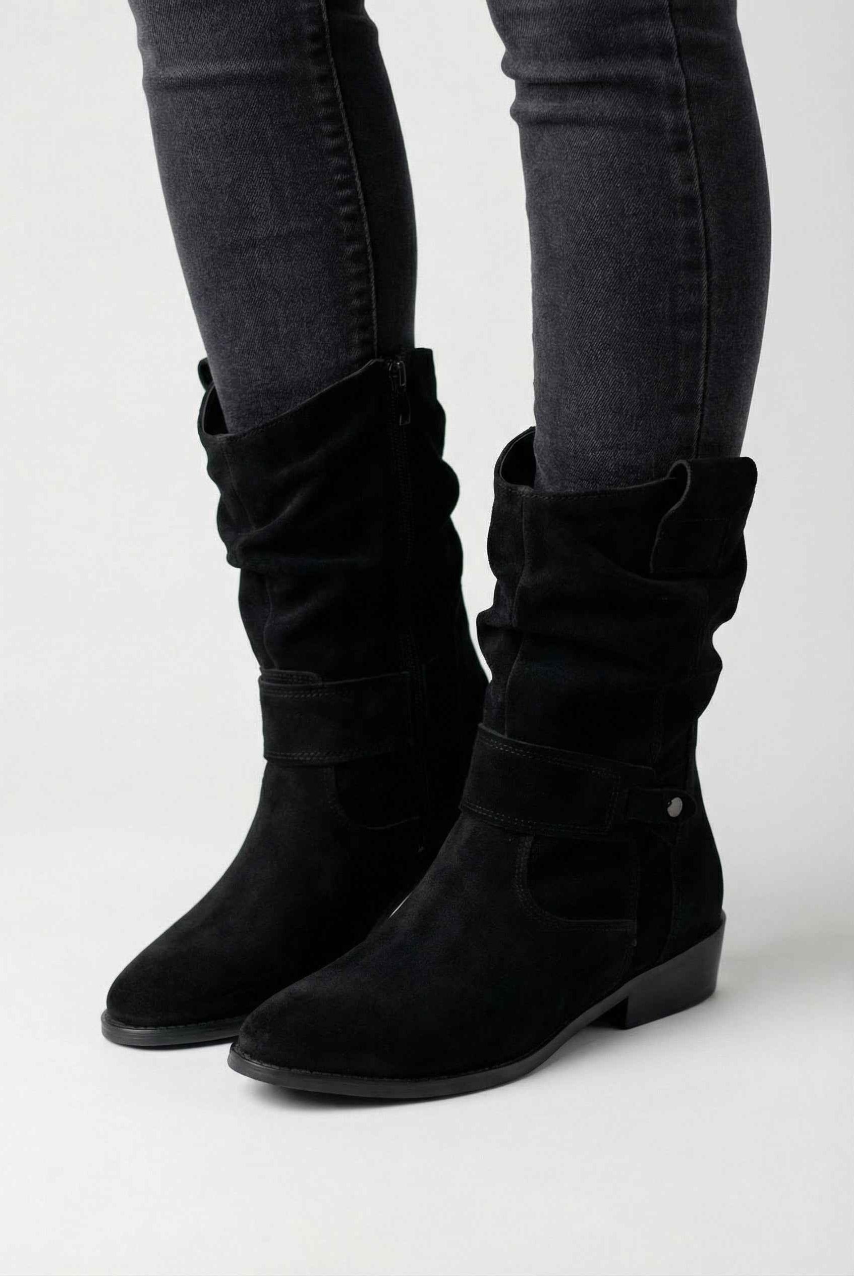 Victoria black suede ankle boots for women by Lumina Wear, featuring a sturdy sole and stylish design.