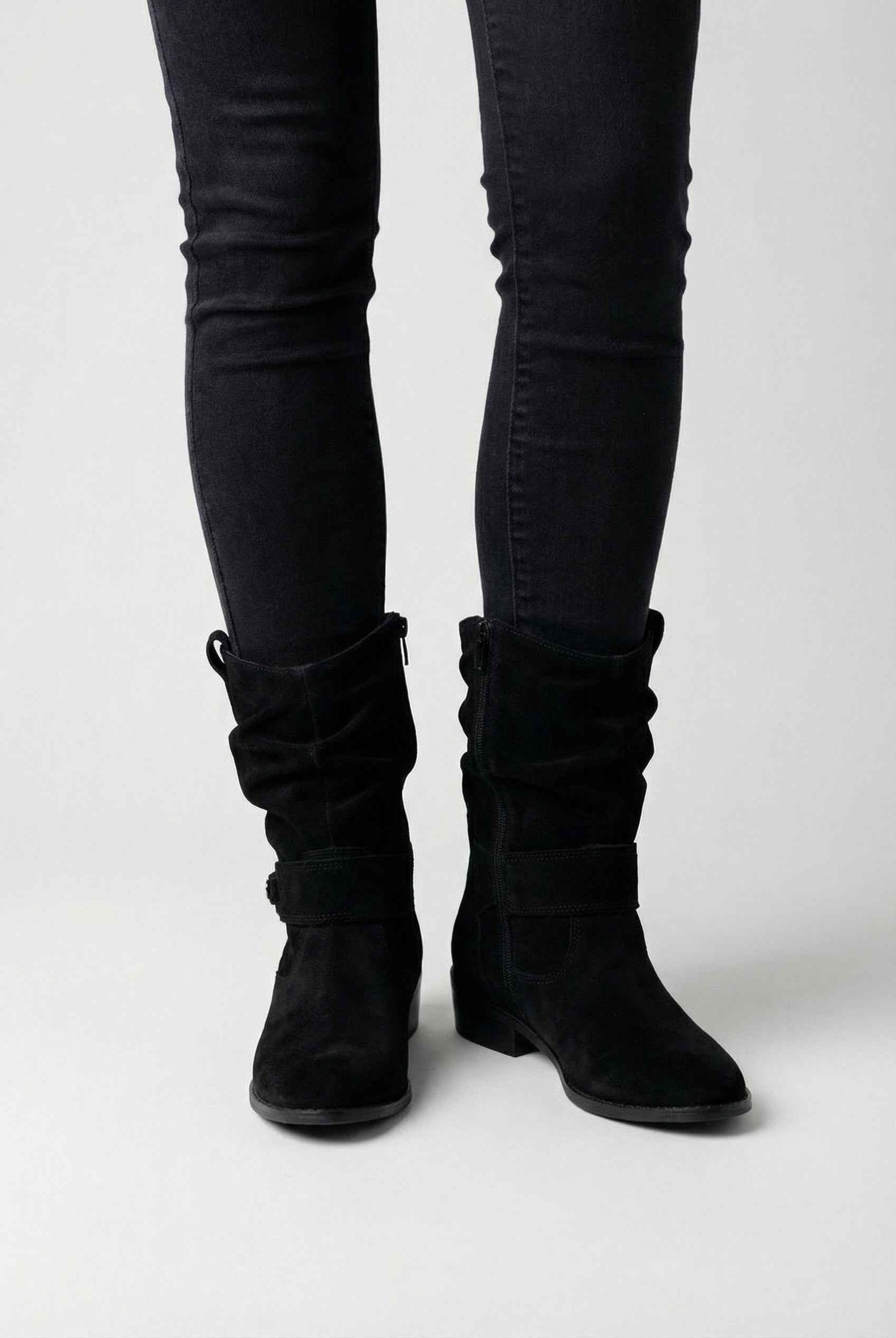 Victoria black suede ankle boots for women with sturdy sole by Lumina Wear, showcasing stylish design and comfortable fit.