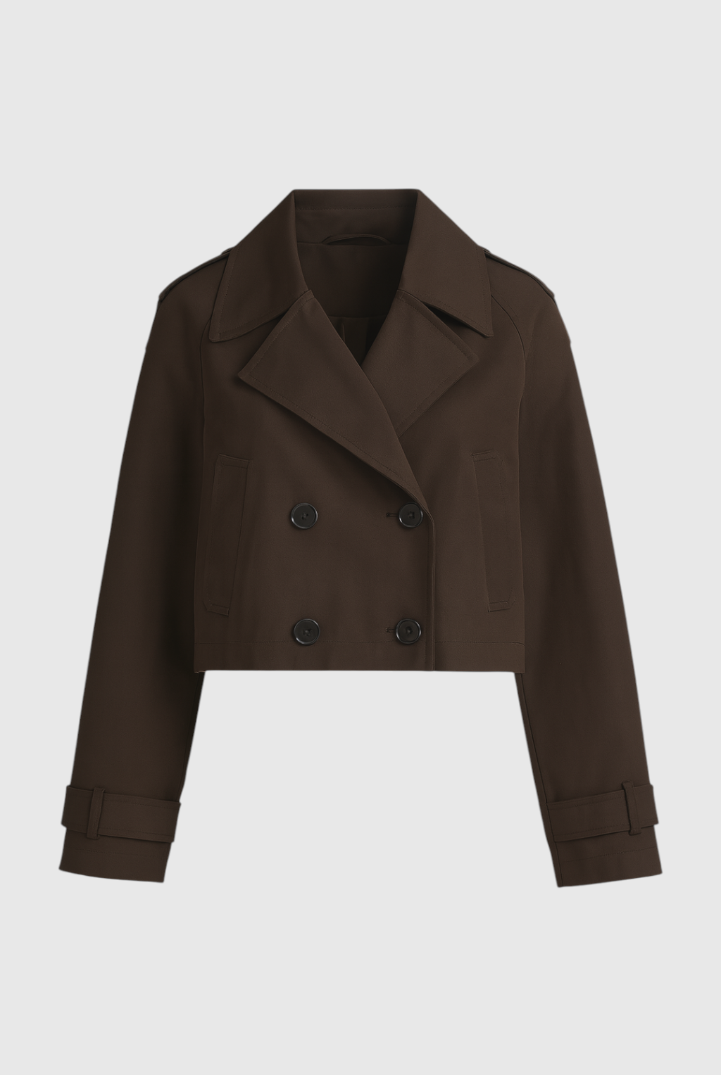 Victoria Lumina brown windbreaker jacket with double-breasted design, stylish lightweight outerwear for women.