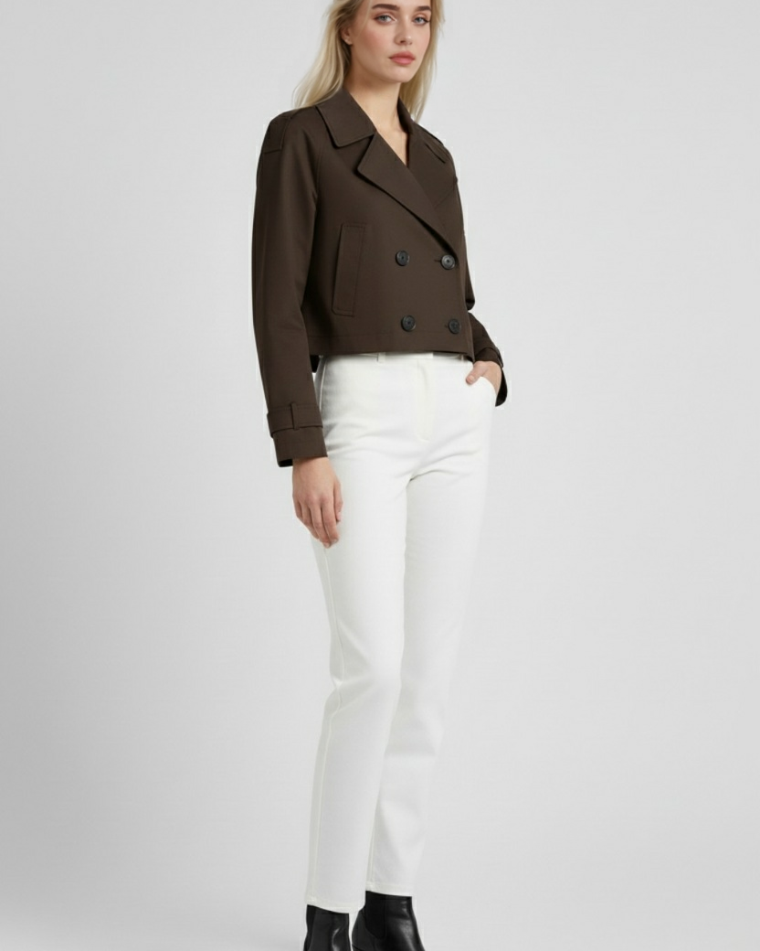 Victoria Lumina brown windbreaker jacket with double-breasted design, stylish and lightweight outerwear for women.