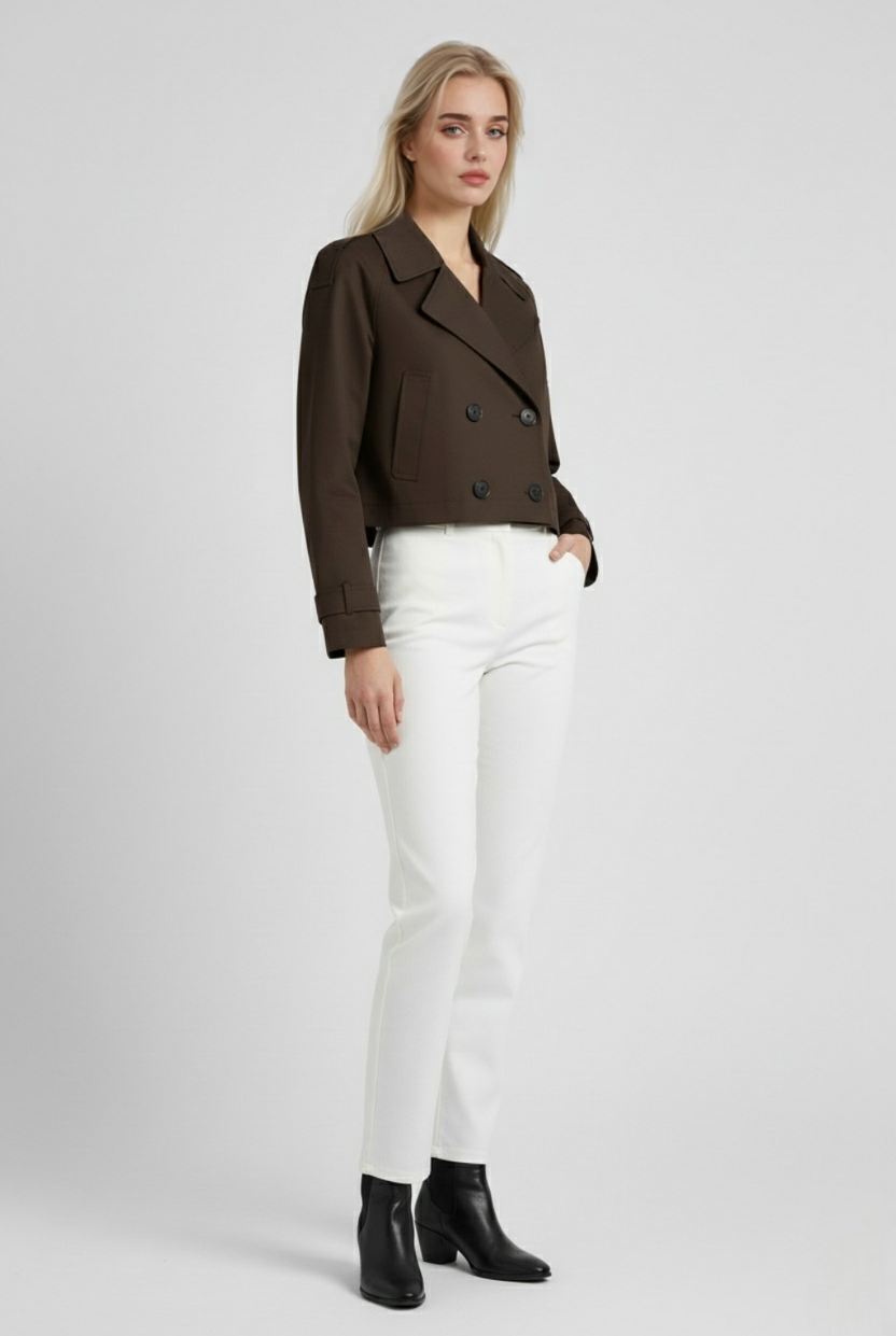 Lumina Wear Victoria chic brown windbreaker jacket with double-breasted design, stylish and lightweight for casual wear.