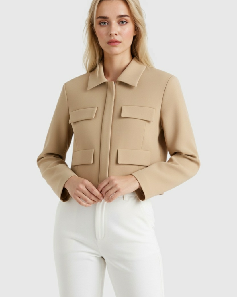 Khaki Victoria Lumina Wear cropped button jacket with flattering fit, stylish design, and tailored silhouette.