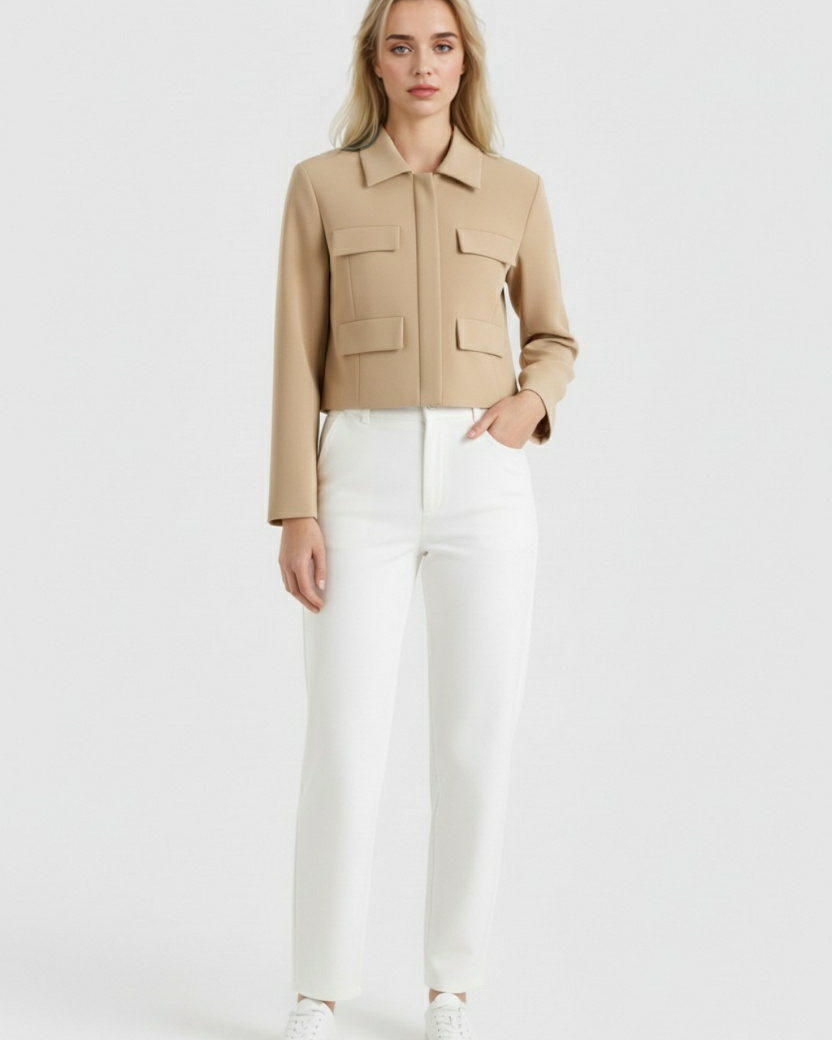 Lumina Wear Victoria chic cropped button jacket in khaki, featuring a flattering fit and stylish design.