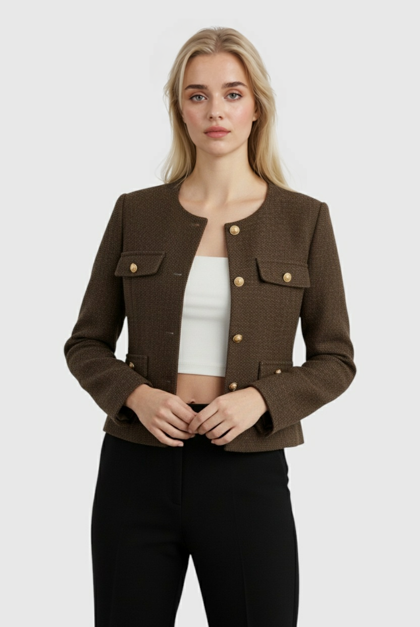 Victoria women's dark brown short jacket with tailored fit from Lumina Wear, featuring a sleek, stylish design and structured silhouette.
