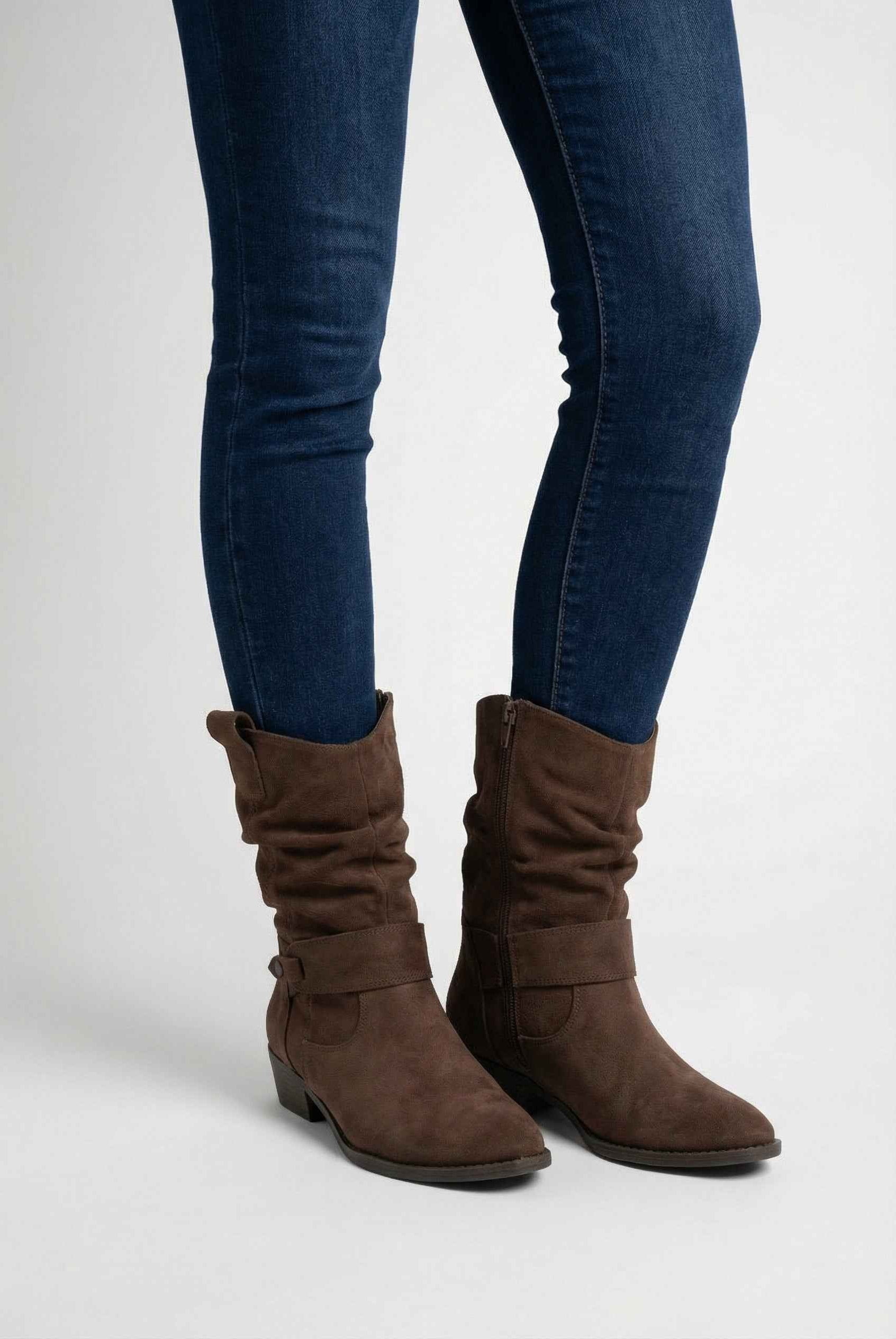 Dark brown suede ankle boots with warm lining from Lumina Wear, featuring a chic design for women's fashion.