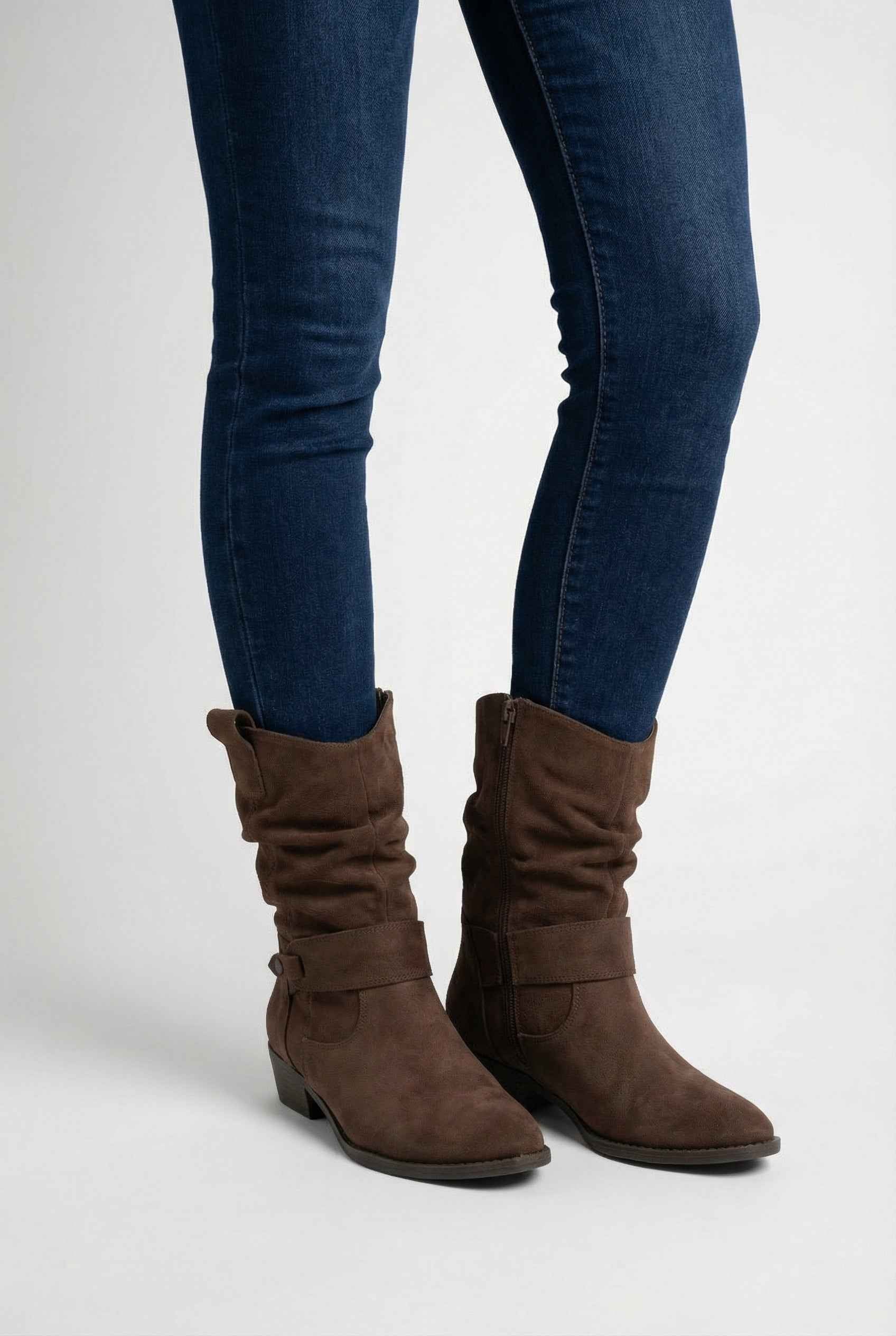 Dark brown suede ankle boots with warm lining from Lumina Wear, featuring a chic design for women's fashion.