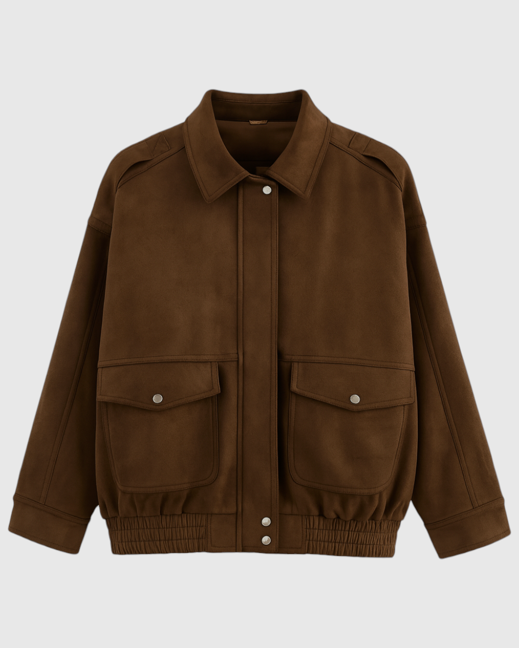 Dark brown suede bomber jacket with zipper closure from Lumina Wear, featuring a stylish, fitted design and classic collar.