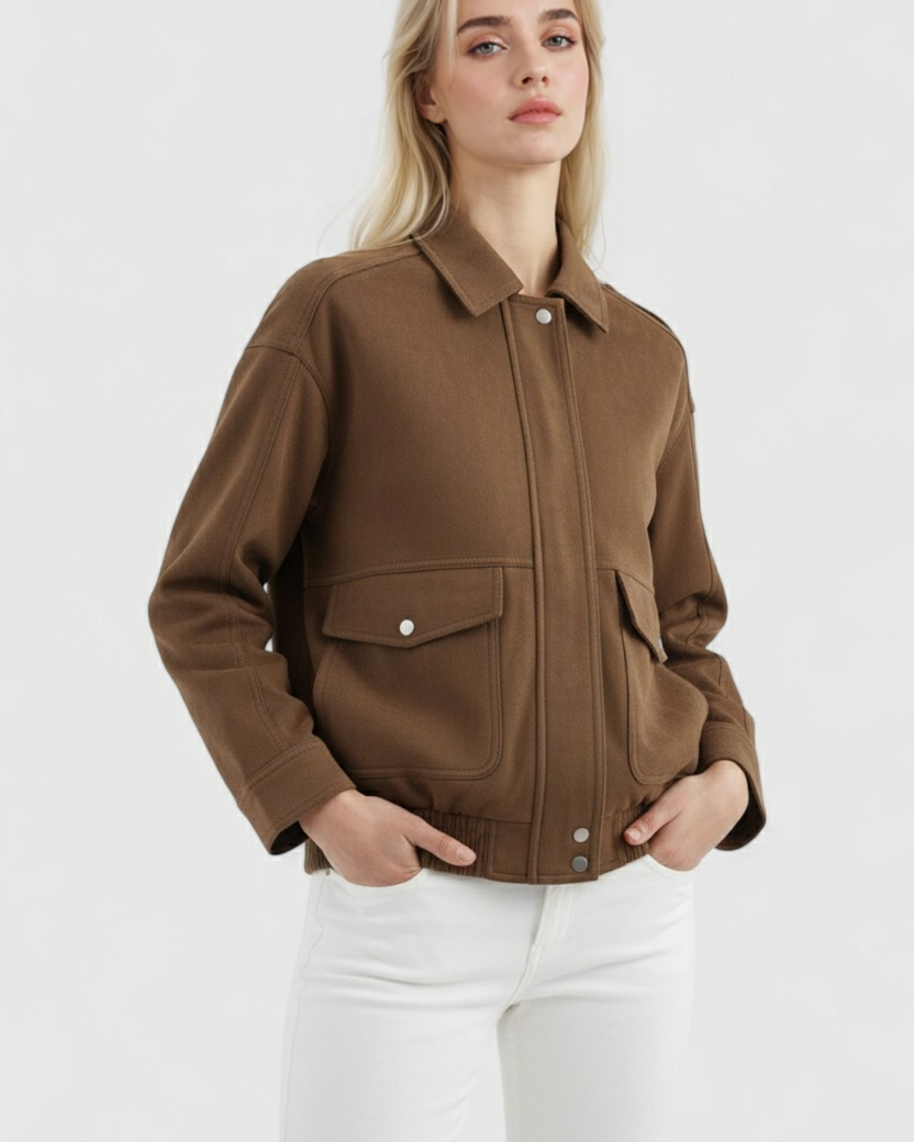 Victoria dark brown suede bomber jacket by Lumina Wear with zipper closure, shown on a model highlighting the stylish design.