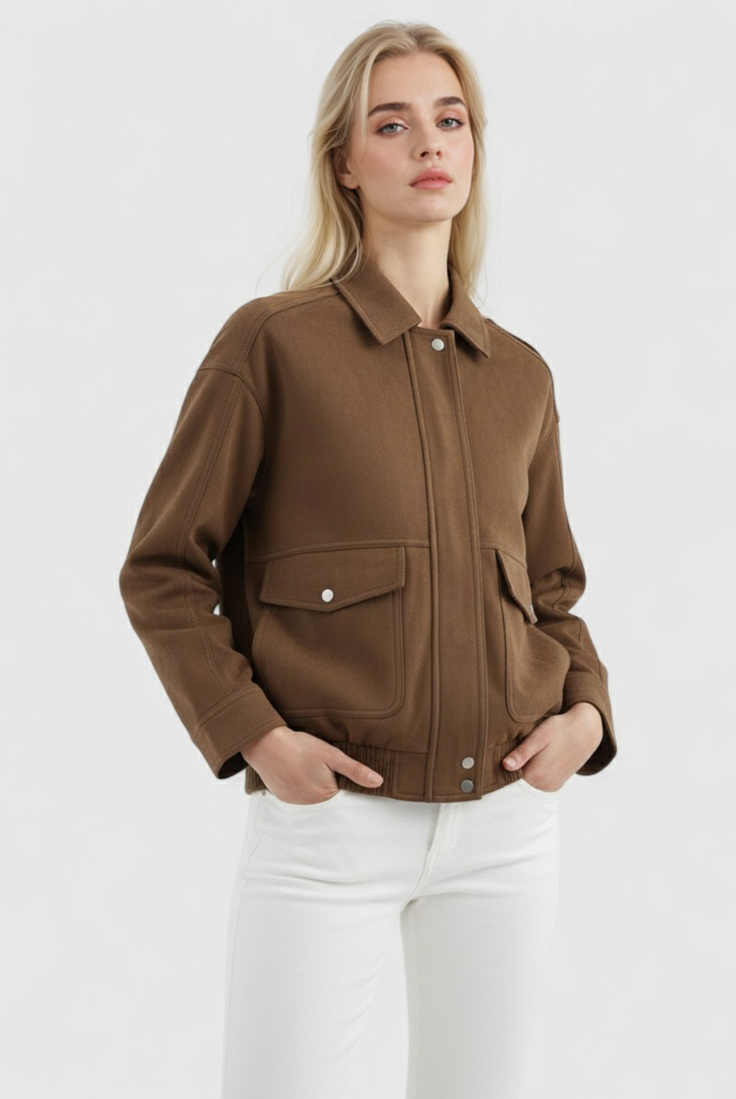 Victoria dark brown suede bomber jacket with zipper closure by Lumina Wear, displayed on a hanger.