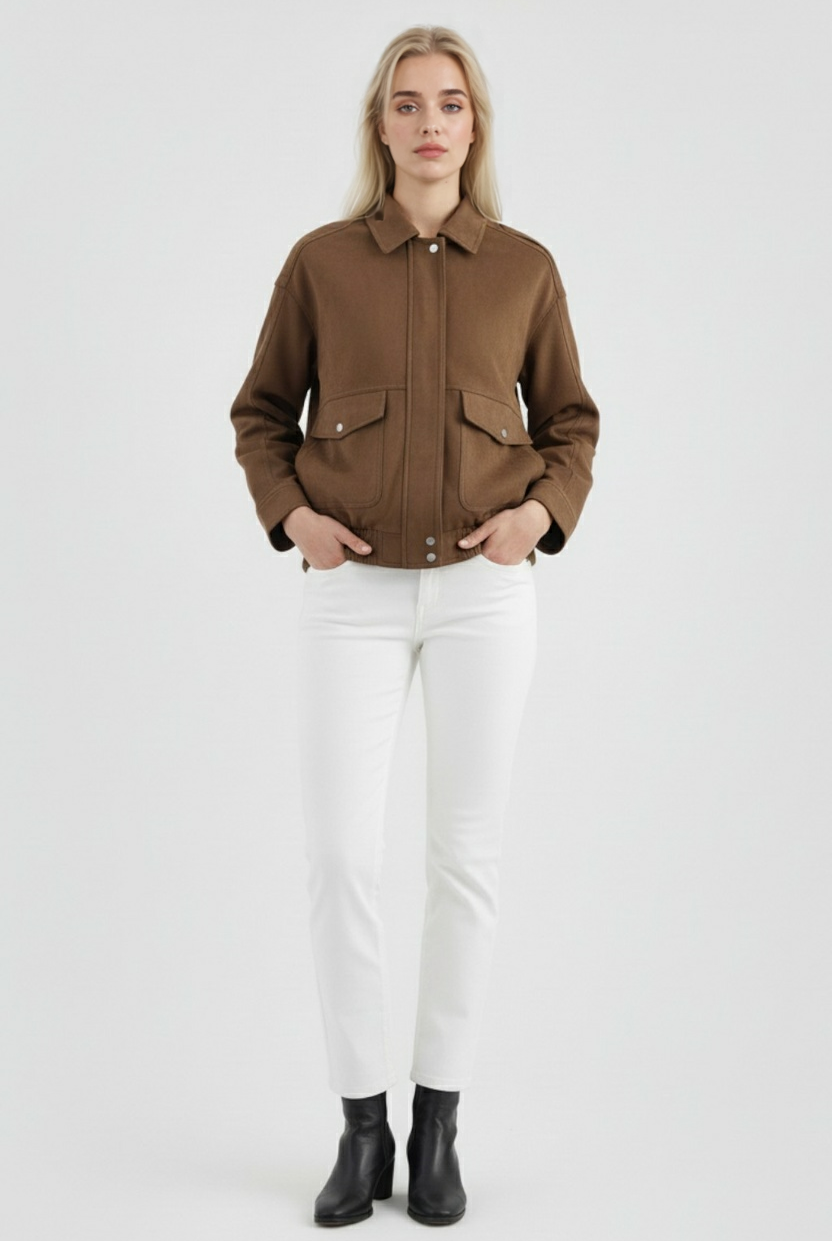 Victoria dark brown suede bomber jacket with zipper closure from Lumina Wear, featuring a stylish and fitted design.