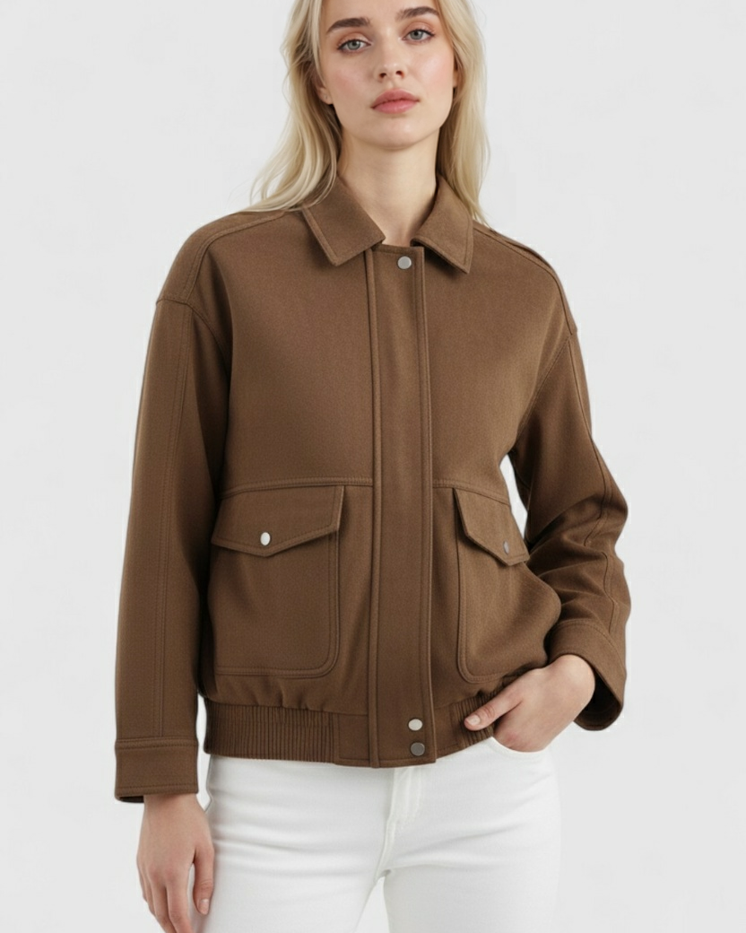 Victoria dark brown suede bomber jacket with zipper closure from Lumina Wear, featuring a stylish collar and fitted design.