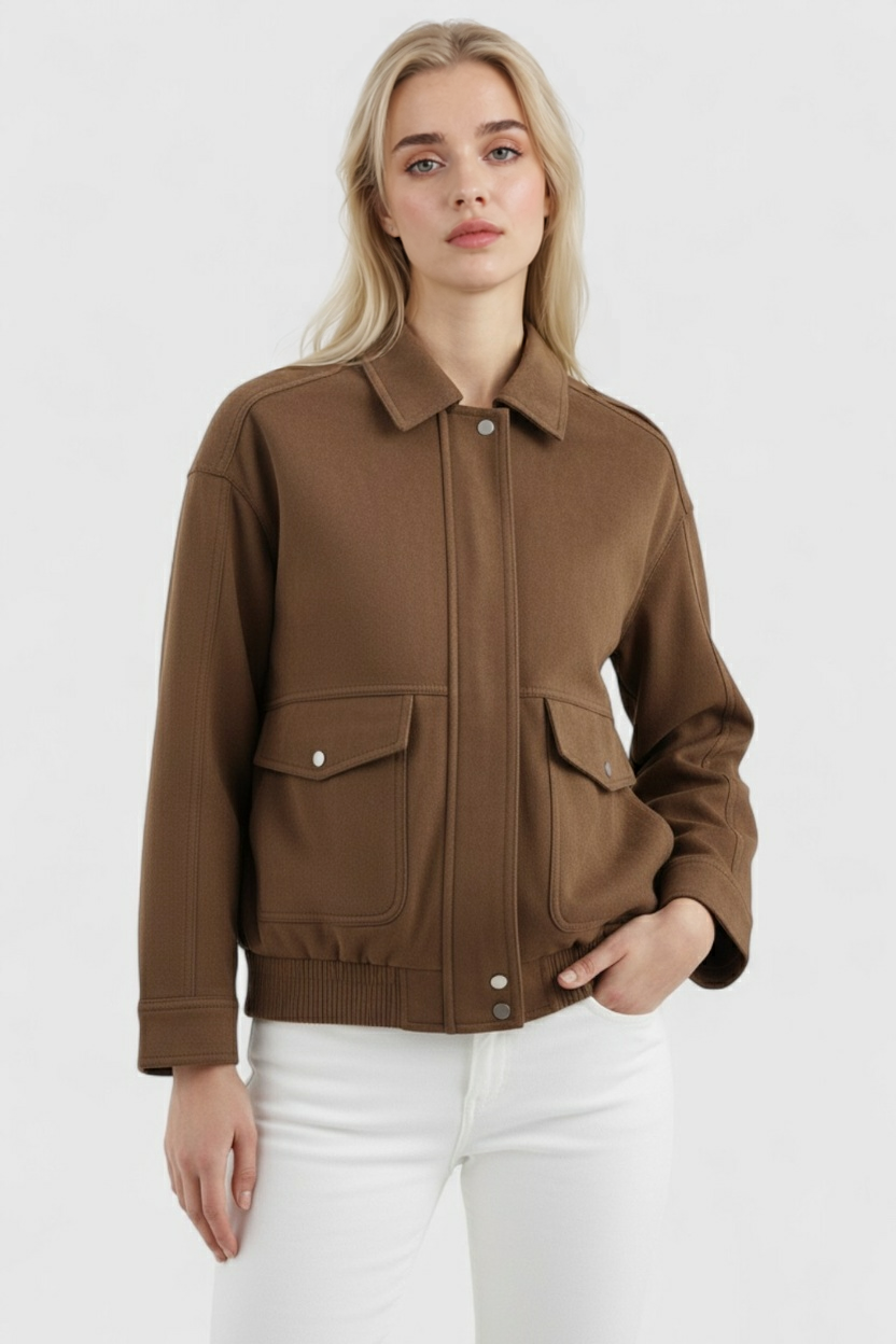 Victoria dark brown suede bomber jacket by Lumina Wear with zipper closure, featuring a stylish and fitted design.