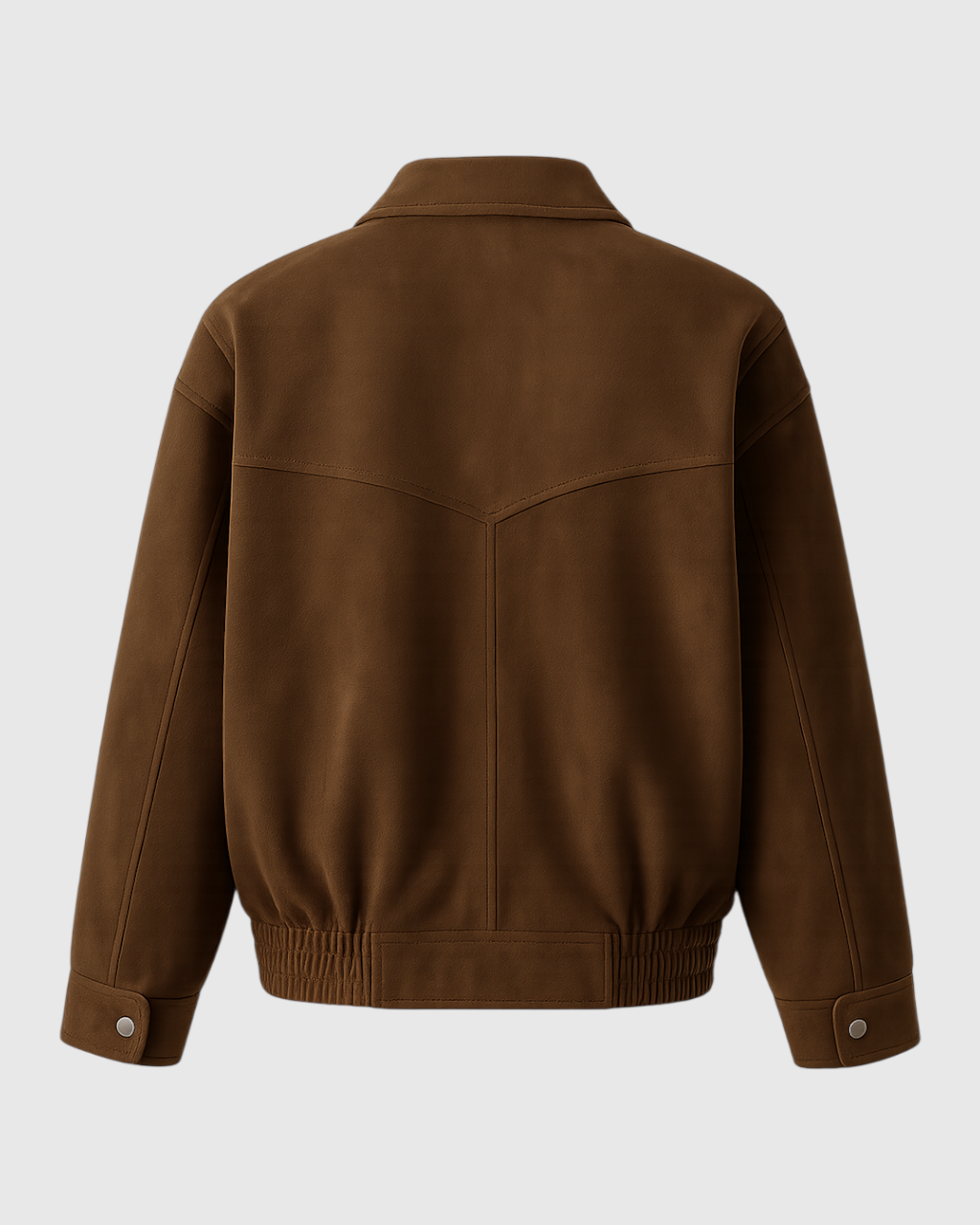 Victoria dark brown suede bomber jacket by Lumina Wear featuring zipper closure and stylish design on a model.