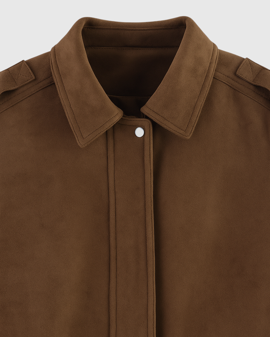 Victoria dark brown suede bomber jacket with zipper closure by Lumina Wear, showcasing a stylish, fitted design and smooth suede texture.