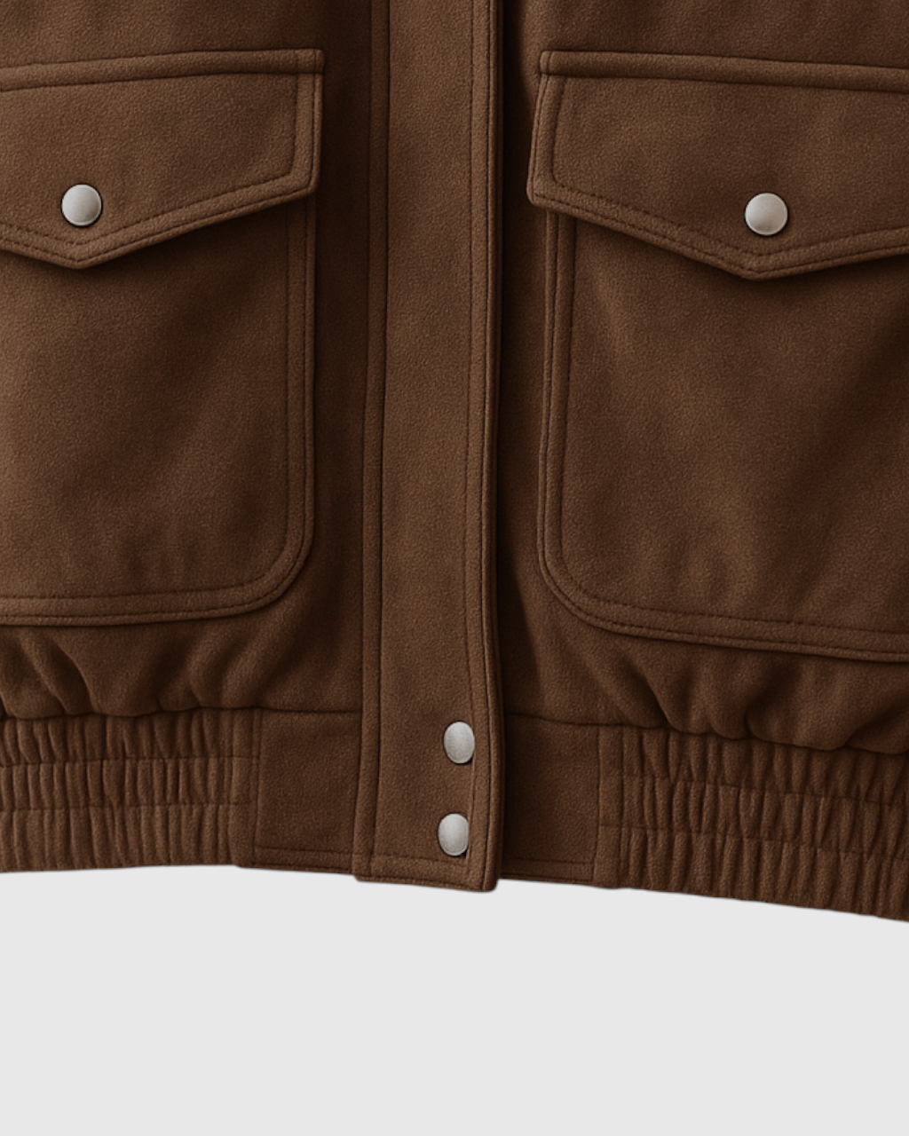 Victoria dark brown suede bomber jacket by Lumina Wear with zipper closure, styled on a model showcasing its classic fit.