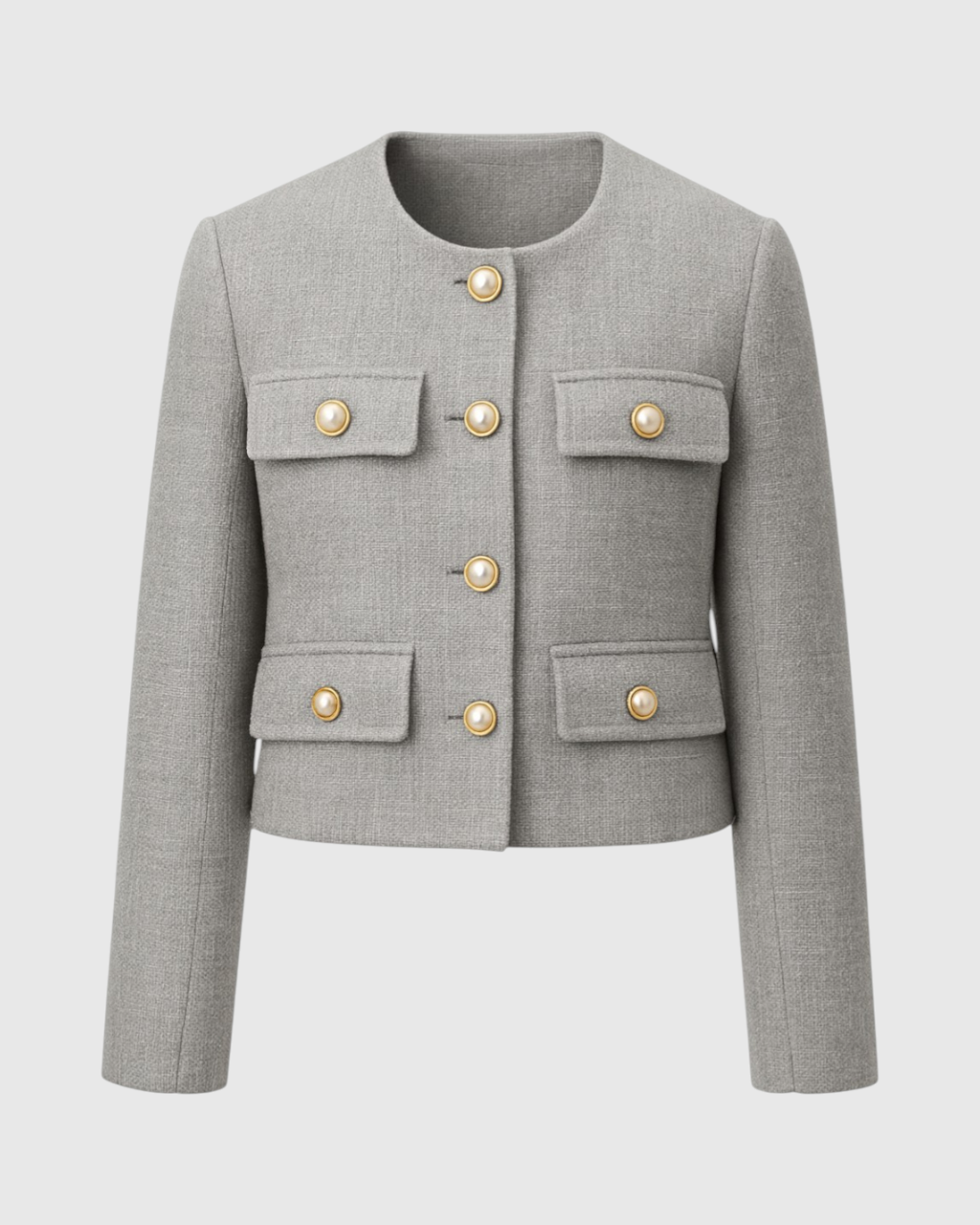 Victoria Lumina gray short jacket with versatile style, featuring a chic design and lightweight fabric, perfect for casual wear.