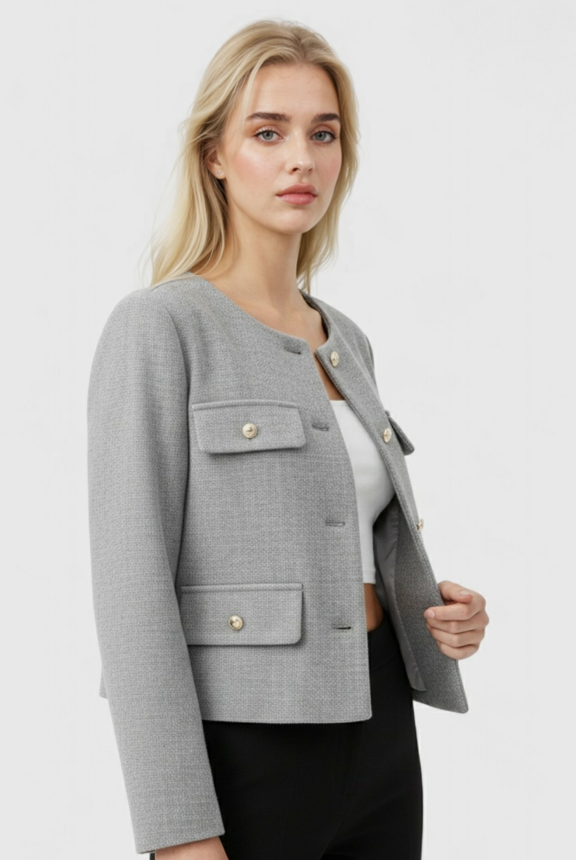 Victoria gray short jacket by Lumina Wear, stylish and versatile jacket with a chic fit, perfect for casual or layered looks.