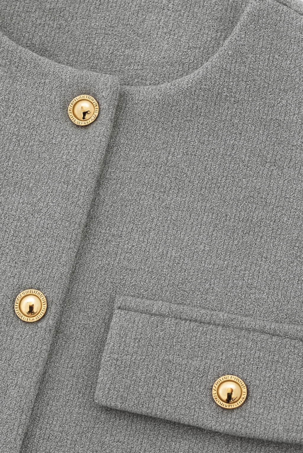 Victoria chic gray short jacket by Lumina Wear, stylish and versatile jacket shown in a close-up image.