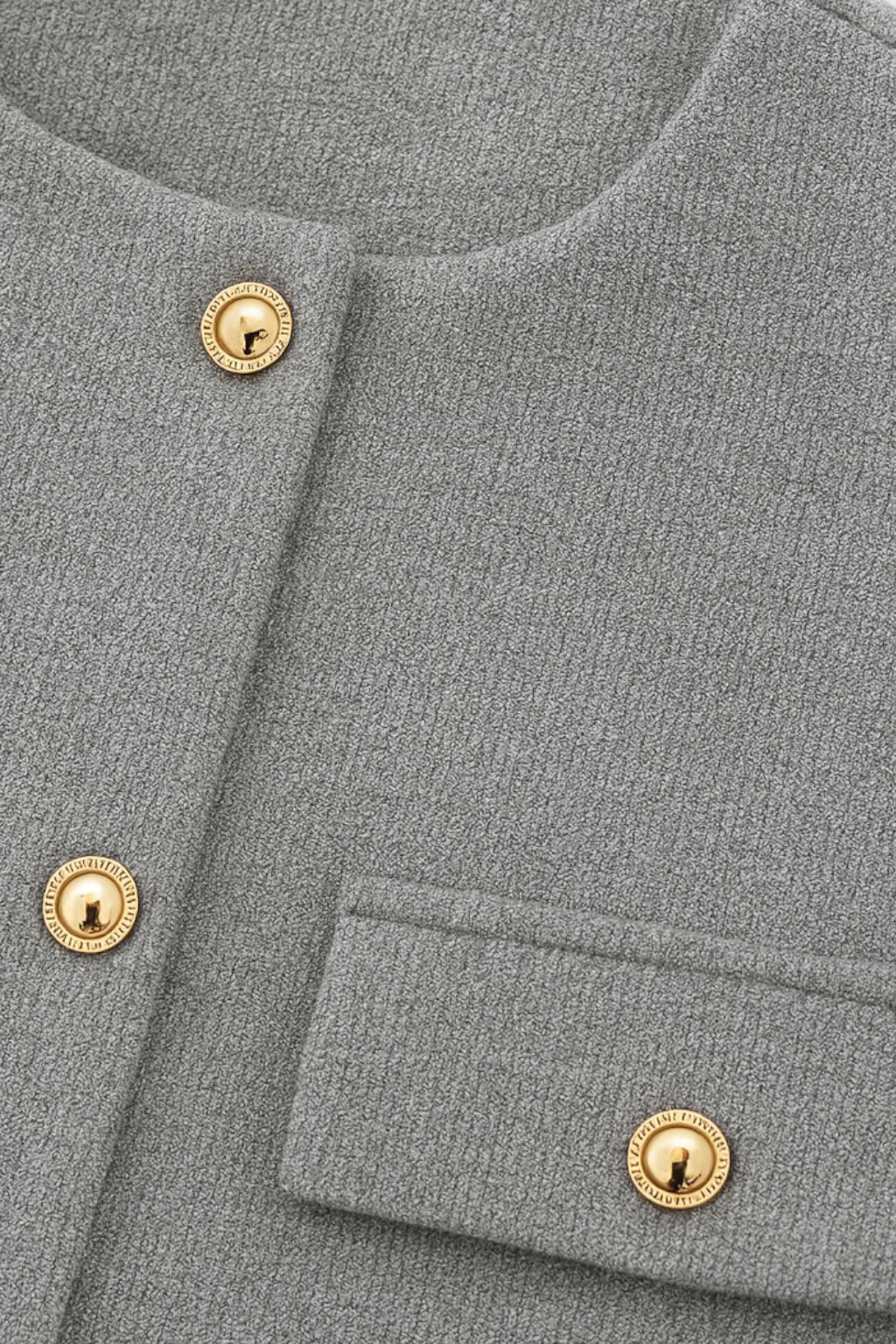 Victoria chic gray short jacket by Lumina Wear, stylish and versatile jacket shown in a close-up image.
