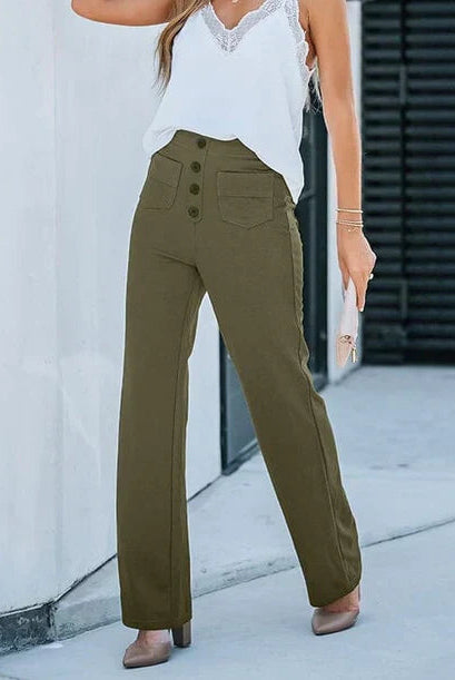 Victoria high-waisted trousers by Lumina Wear in stone green with stretch fabric, showcasing a tailored fit and sleek style.