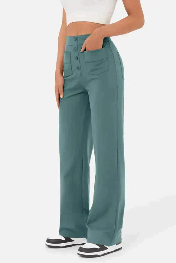 Victoria high-waisted trousers by Lumina Wear in stone green stretch fabric, showcasing a tailored fit and modern style.