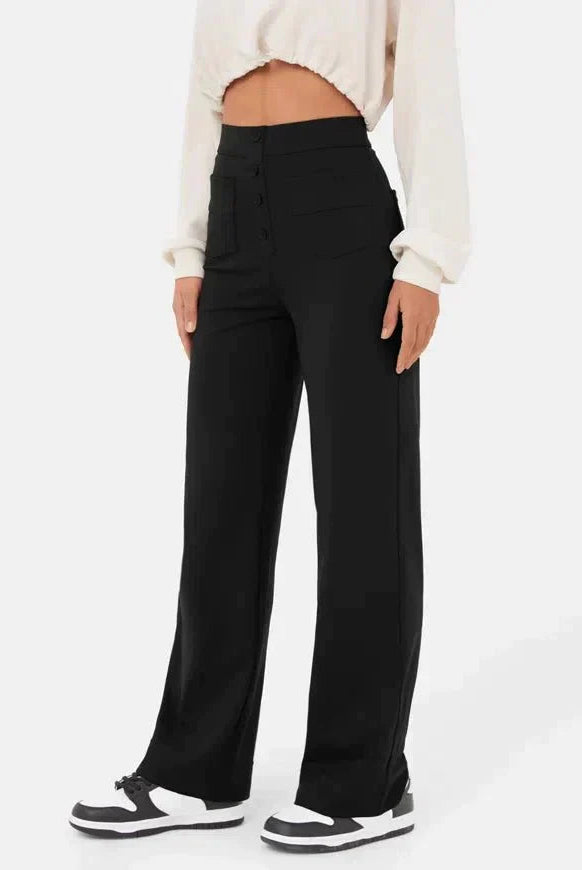 Victoria chic high-waisted trousers by Lumina Wear in stone green with stretch fabric, styled for a modern, tailored look.