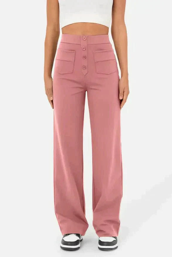 Victoria high-waisted trousers by Lumina Wear in stone green stretch fabric, tailored fit with sleek, chic design.