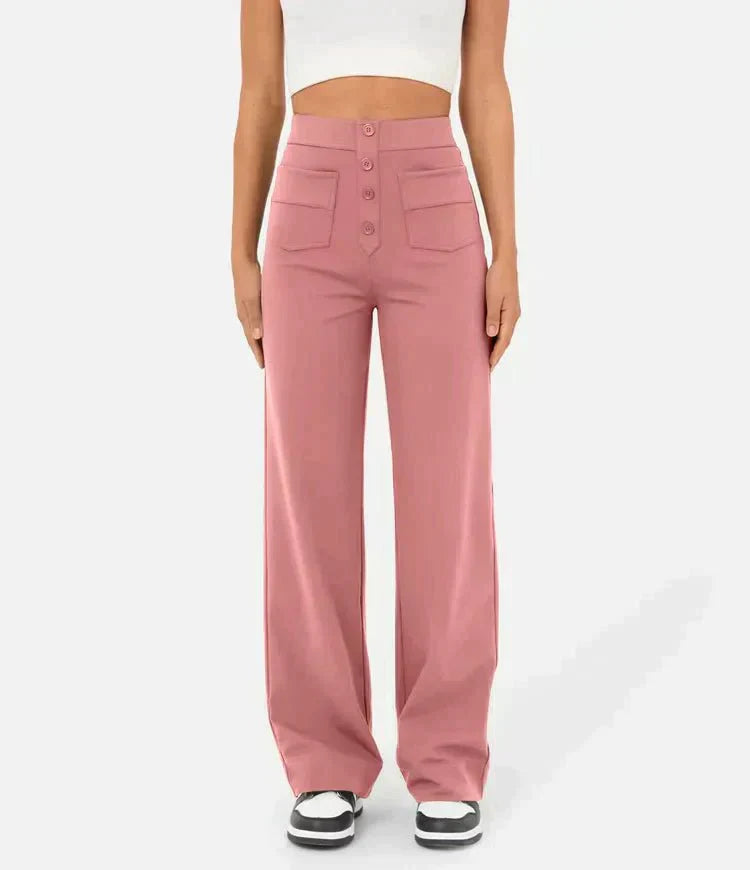 Victoria high-waisted trousers by Lumina Wear in stone green stretch fabric, tailored fit with sleek, chic design.