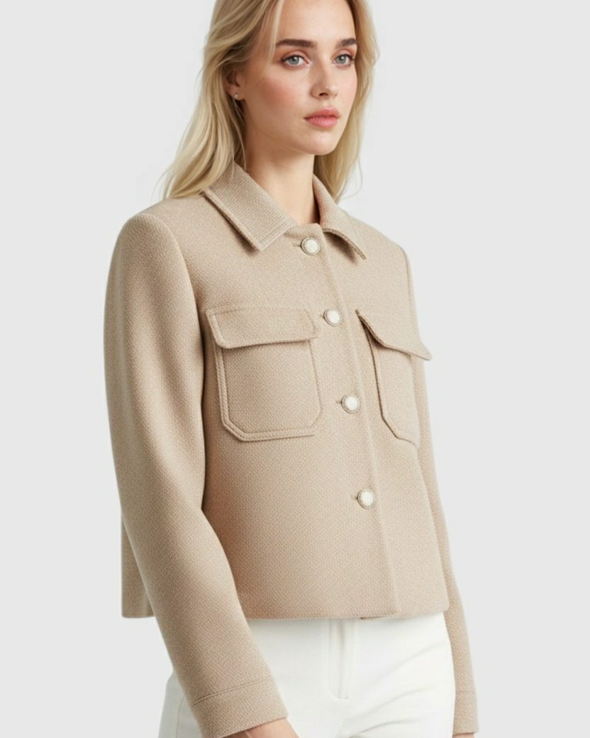 Victoria women's khaki windbreaker jacket with lapel collar by Lumina Wear, featuring a stylish, lightweight design for casual wear.