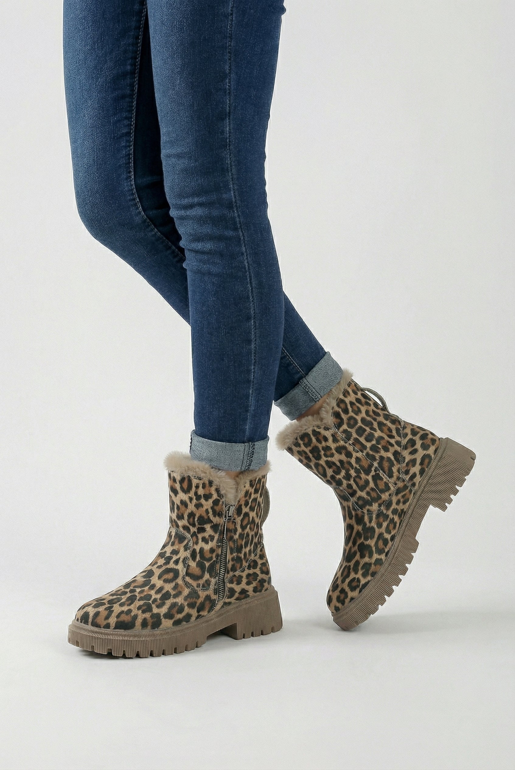 Lumina Wear Victoria leopard ankle boots with cozy lining, brown faux fur interior, stylish pointed toe, and low block heel.
