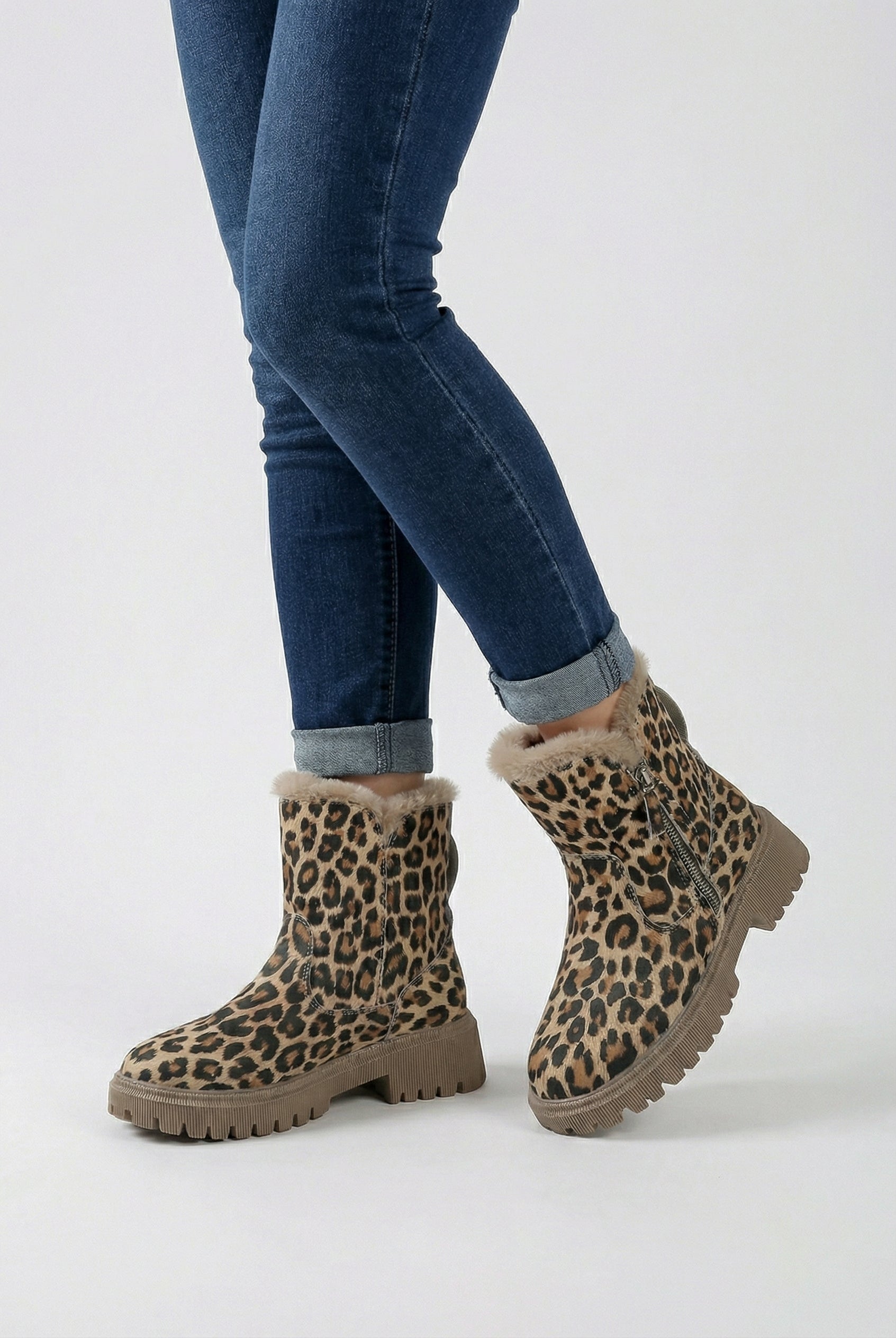 Lumina Wear Victoria leopard ankle boots with cozy lining, brown animal print, stylish ankle height, and comfortable fit.