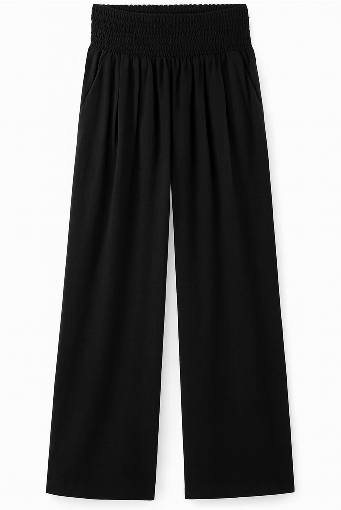 Black lightweight wide-leg trousers by Lumina Wear, perfect for effortless summer style and casual chic.