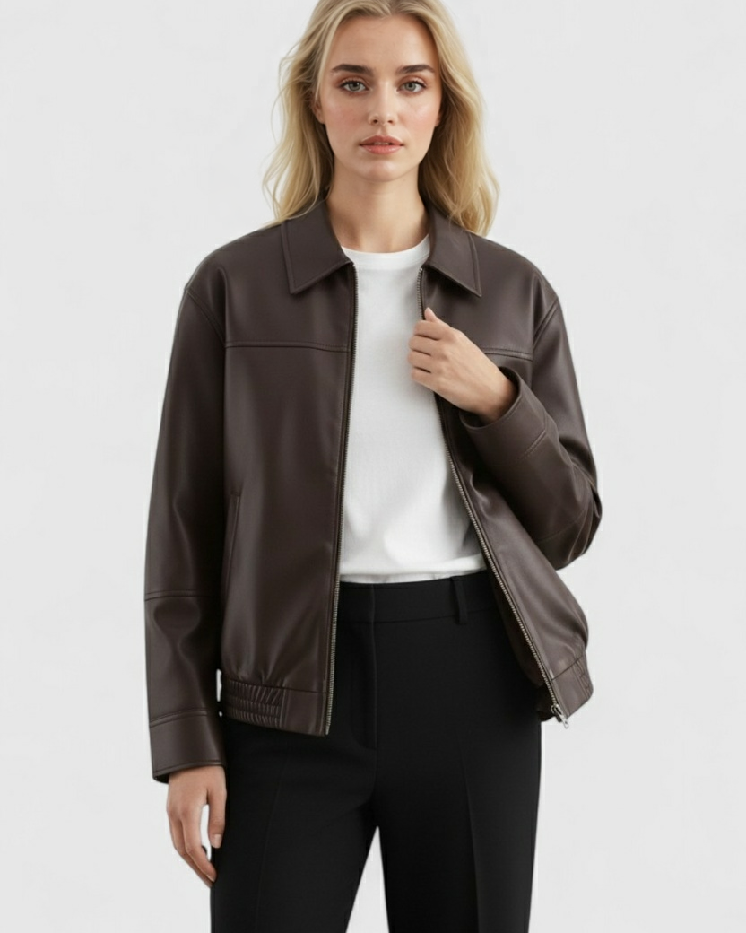 Brown loose-fit aviator jacket for women by Lumina Wear, featuring a stylish collar and casual design.