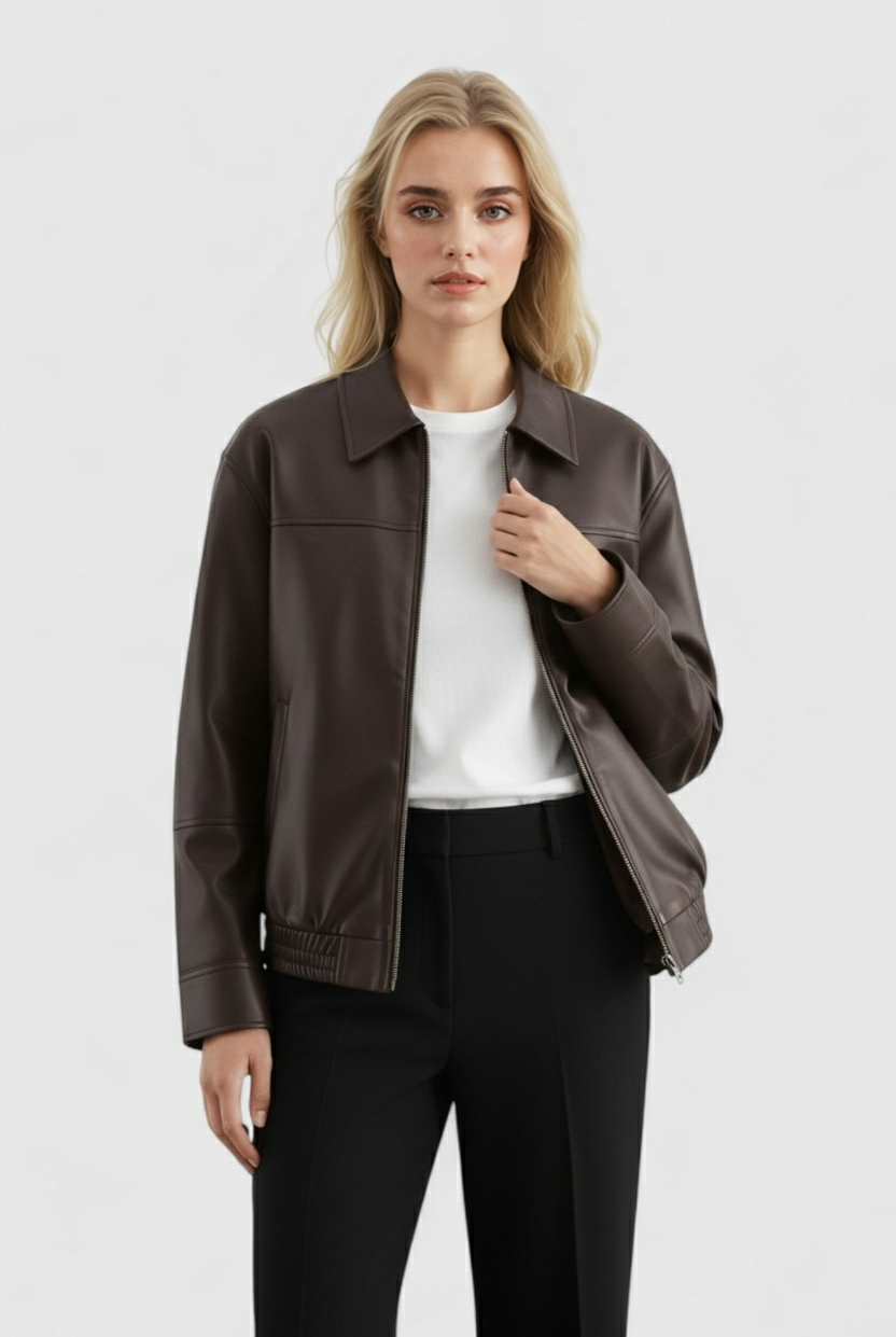Brown loose-fit aviator jacket for women by Lumina Wear, featuring a stylish collar and casual design.
