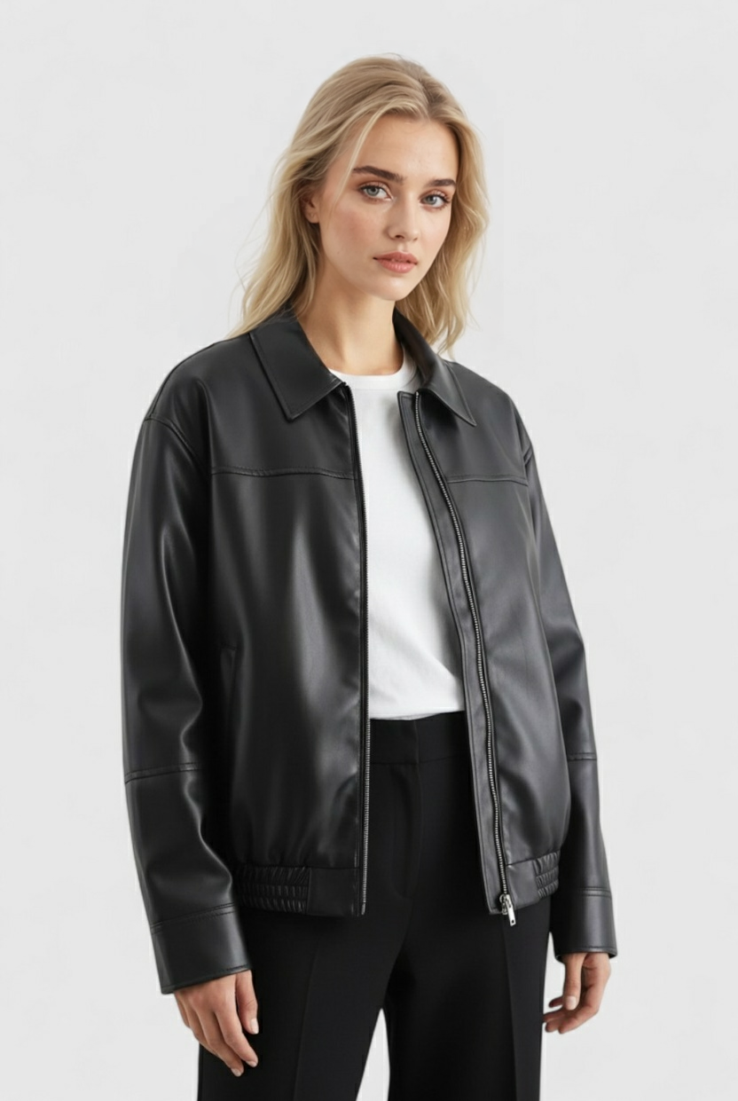 Brown Victoria loose-fit aviator jacket for women by Lumina Wear, featuring a stylish, relaxed fit and classic aviator design.
