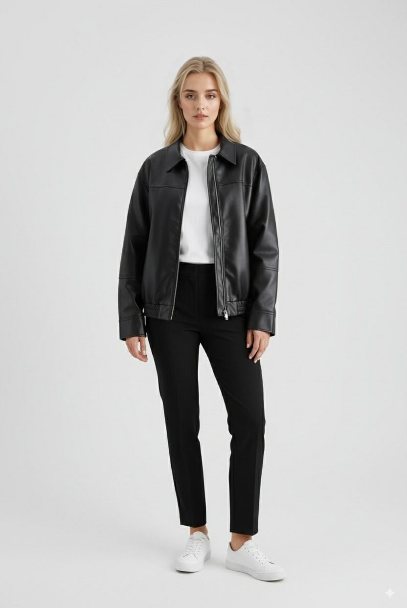 Brown loose fit aviator jacket for women by Lumina Wear, featuring a stylish collar and zipper detail.