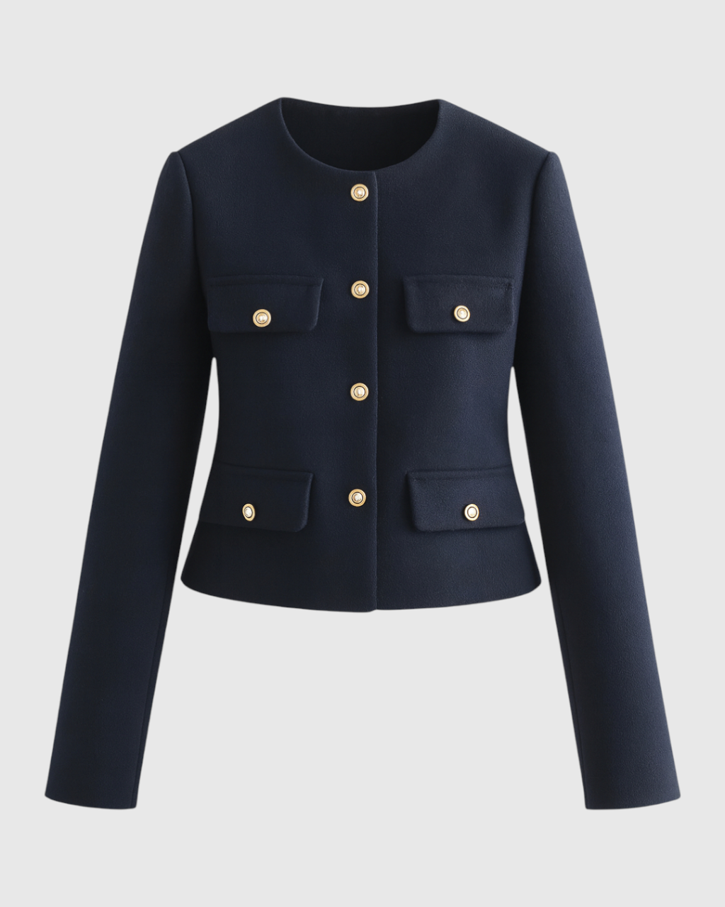 Victoria navy short jacket by Lumina Wear featuring a modern silhouette and chic design, ideal for stylish women’s outerwear.
