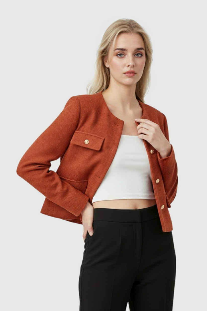 Lumina Wear Victoria women's short jacket in chic orange-red, featuring versatile style and modern design.