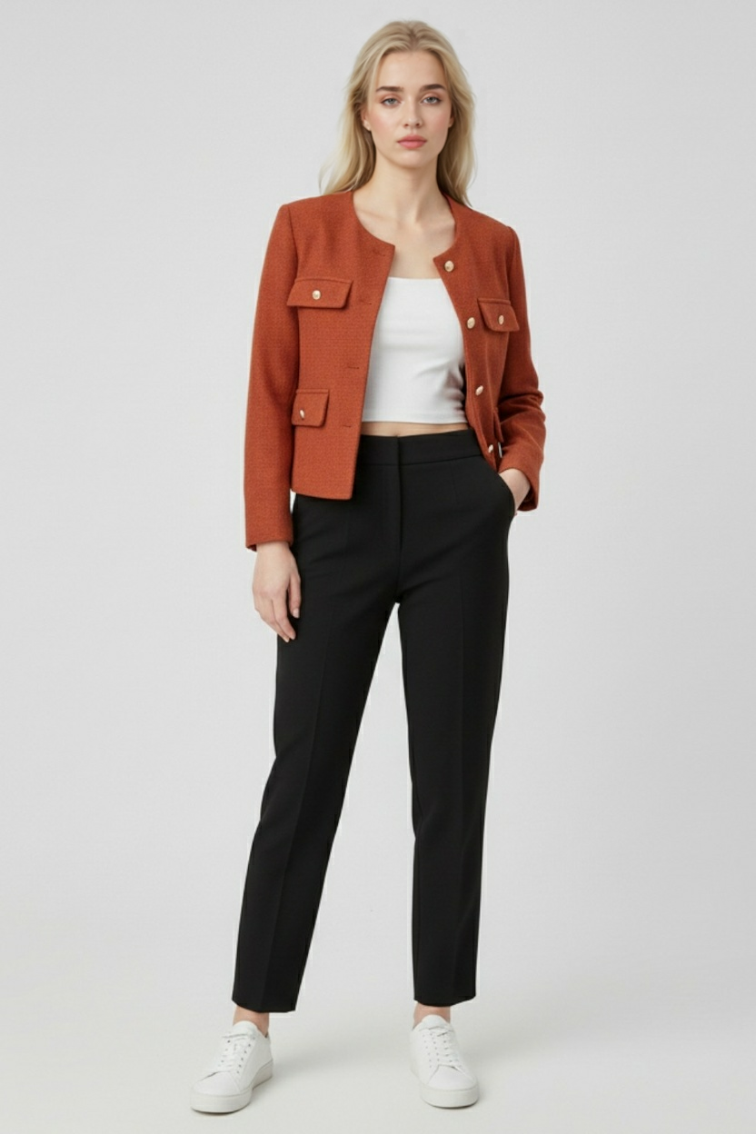 Lumina Wear Victoria women's short jacket in chic orange-red with versatile style and modern design.