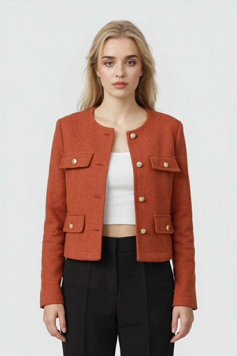 Lumina Wear Victoria women's short jacket in chic orange-red, featuring versatile style and trendy design.