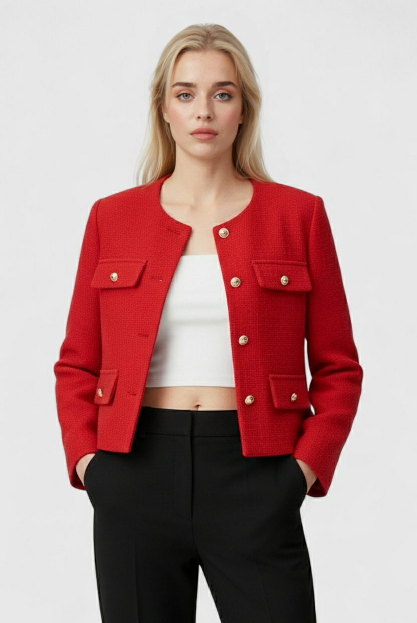 Women's red short jacket by Lumina Wear, Victoria style, featuring chic design and versatile styling options.
