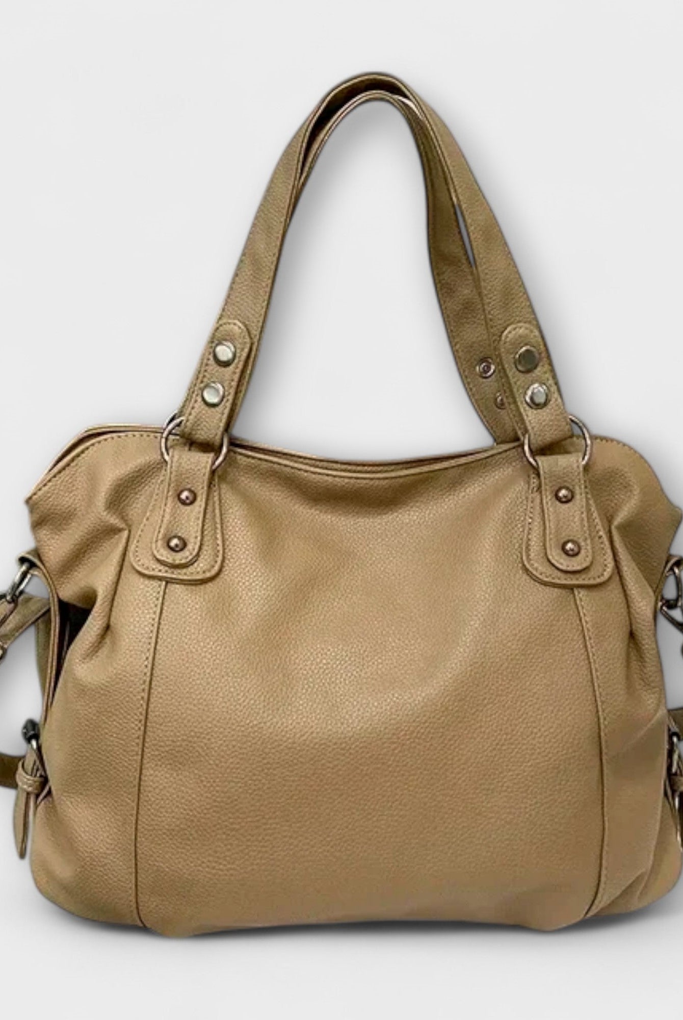 Beige Lumina Victoria structured hobo shoulder bag with dual straps, showcasing its chic design and sleek silhouette.
