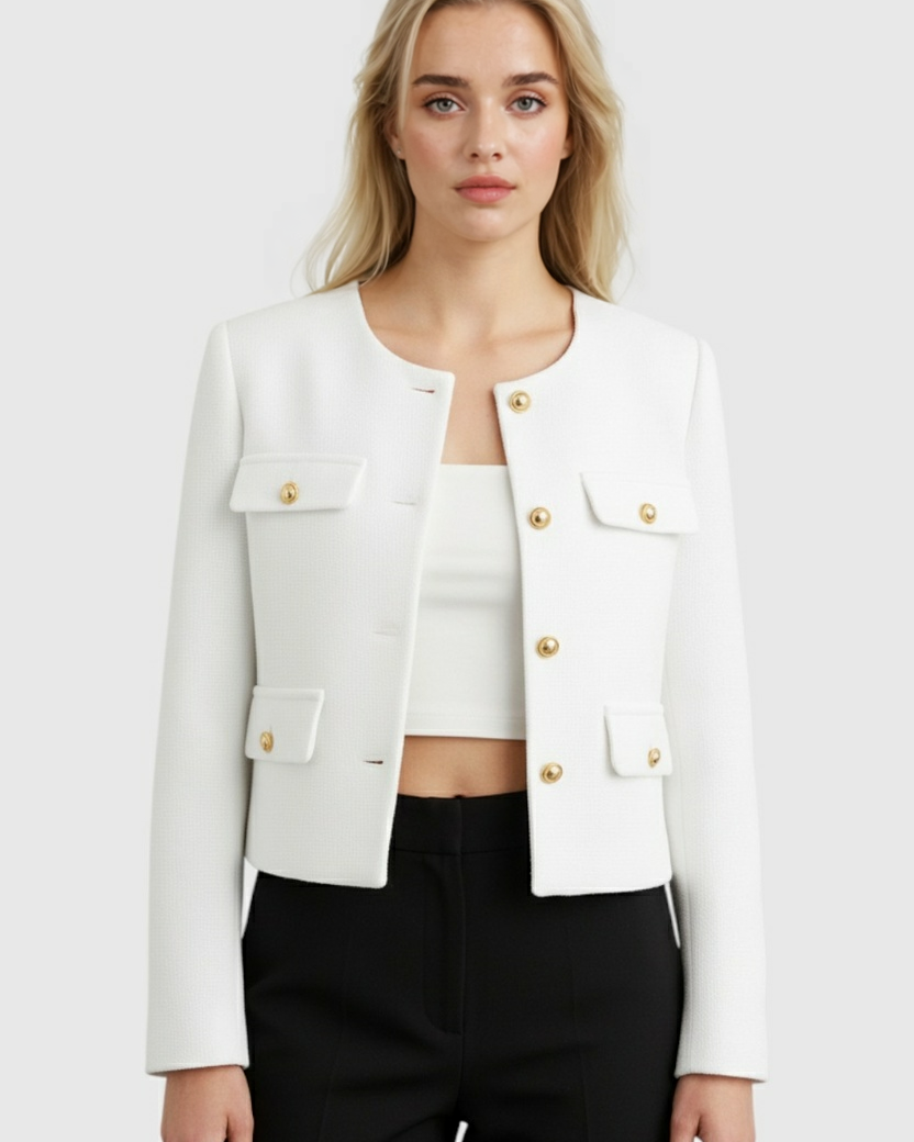 Victoria white tailored short jacket by Lumina Wear, featuring a chic, versatile style with a structured fit and modern design.