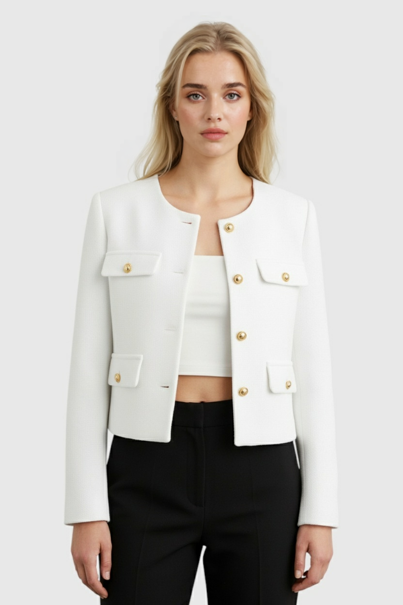 Victoria white short tailored jacket by Lumina Wear, showcasing versatile style with a chic, fitted design and modern silhouette.