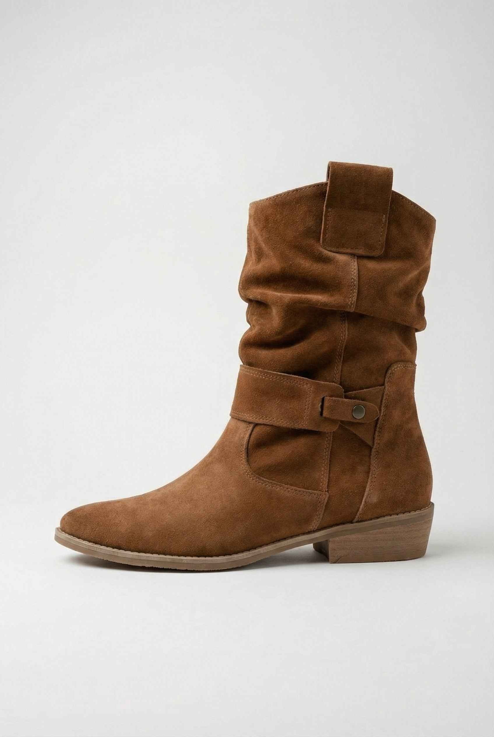 Victoria Chic Tan Retro Suede Women's Ankle Boots by Lumina Wear with sturdy sole and stylish design in yellow-brown color.