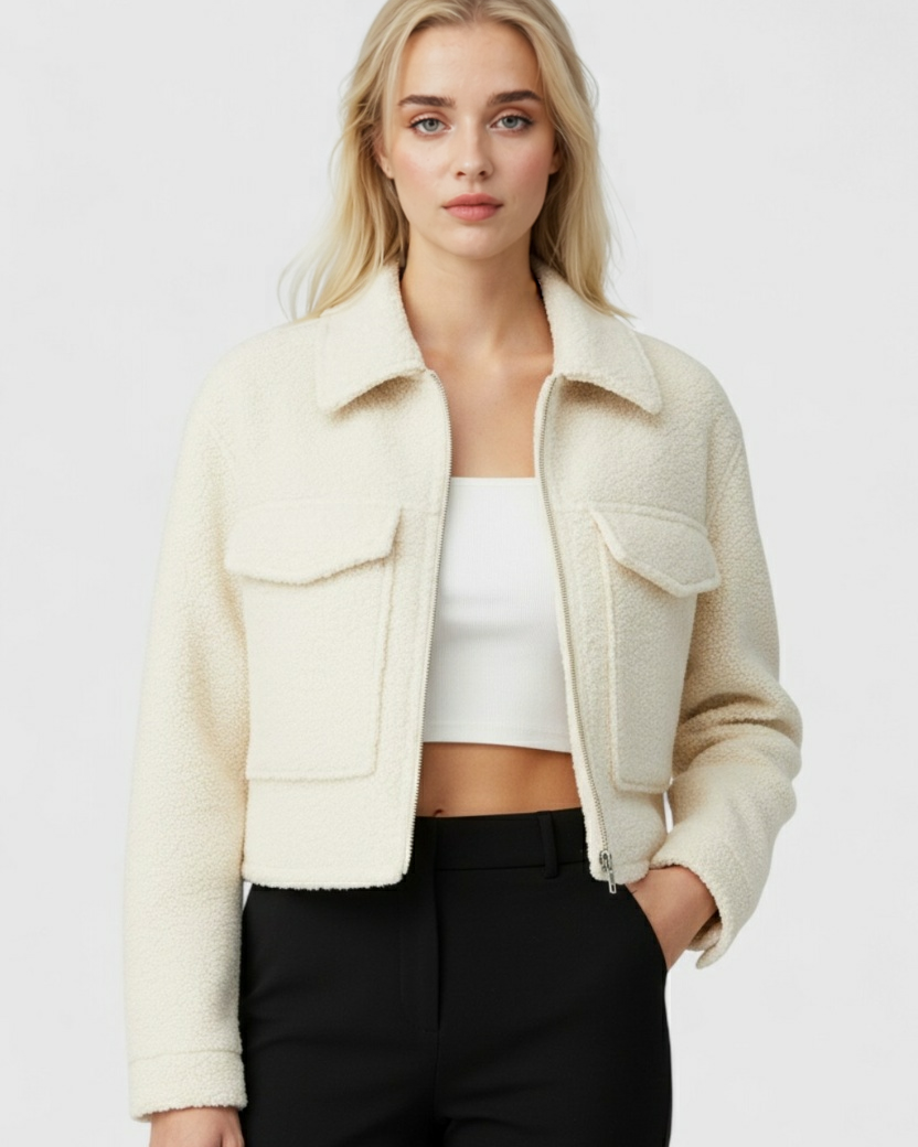 Victoria white zip jacket with vintage lapel from Lumina Wear, featuring a chic design and stylish details.