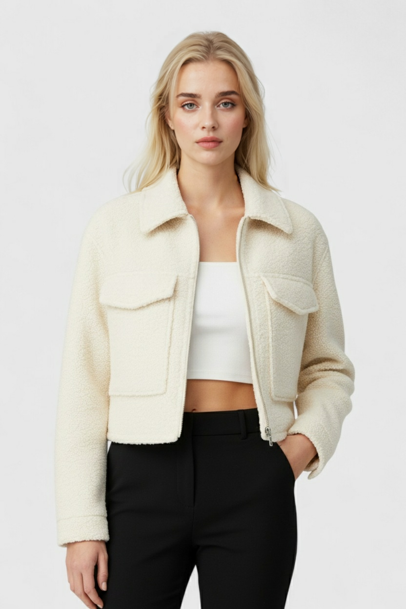 Victoria white zip jacket with vintage lapel from Lumina Wear, stylish casual jacket featuring a sleek design and modern details.
