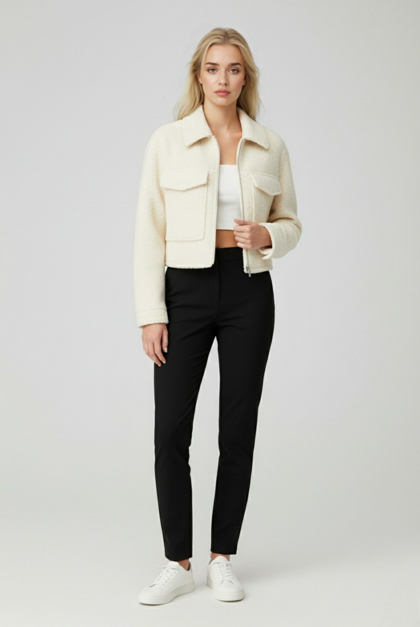 Victoria white zip jacket with vintage lapel from Lumina Wear, stylish and lightweight jacket with a modern design.