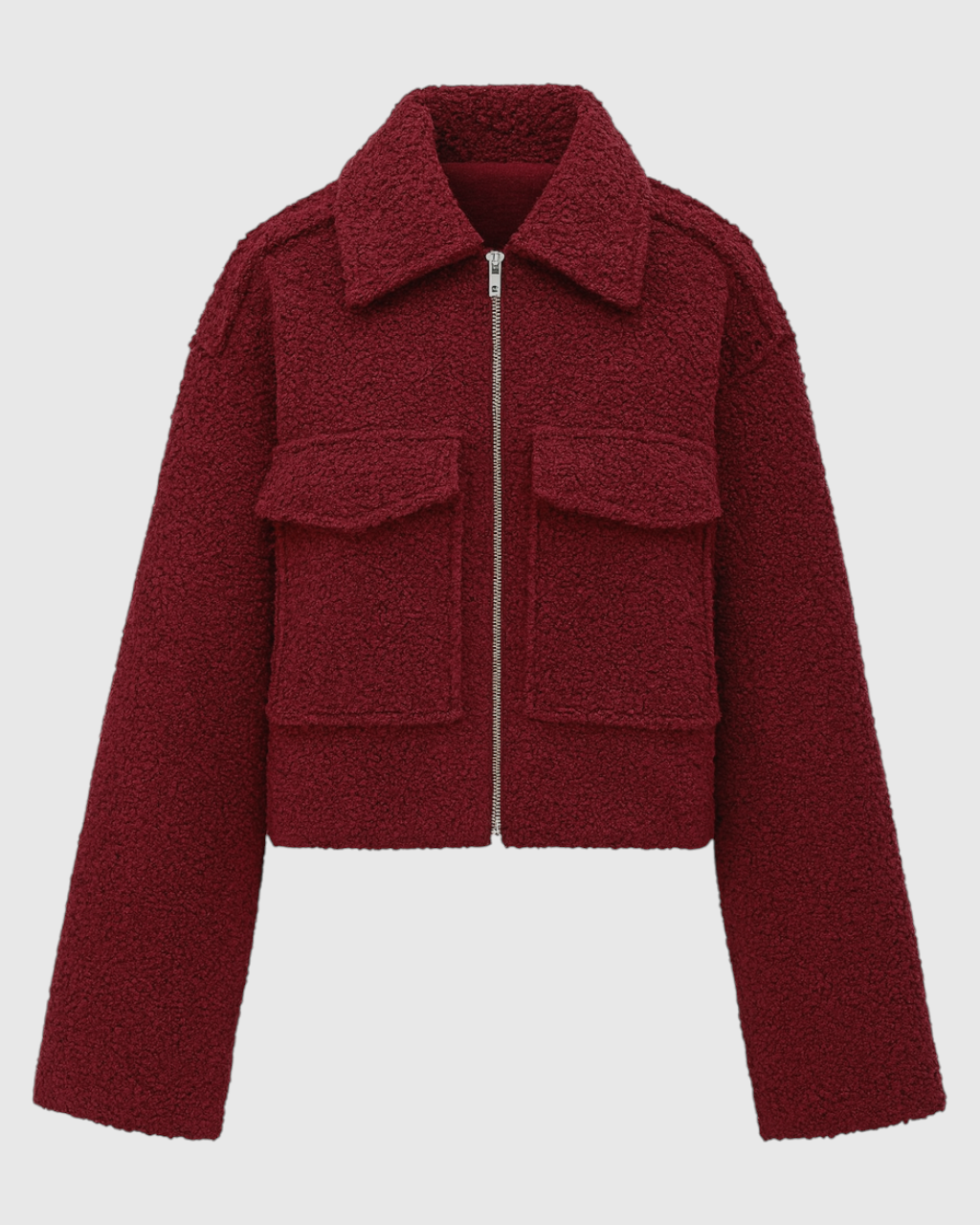 Wine red Lumina Wear Victoria zip-up jacket with vintage lapel, stylish women's jacket with a chic, modern design.